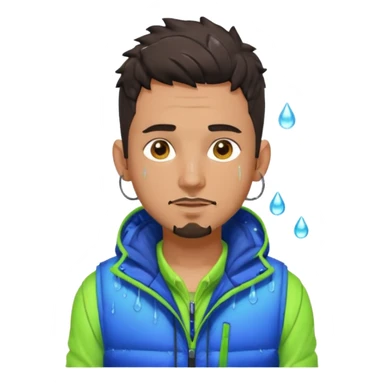 Cyberpunk street adult, hispanic, male, messy undercut, puffer vest over hoodie, glowing earpiece, light stubble, brown eyes, neon reflections, raindrops, dark background. sticker