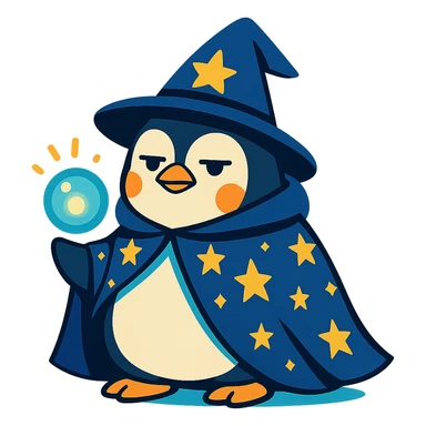 chubby penguin in wizard attire, with a starry cloak and a glowing orb, looking wise and mystical sticker