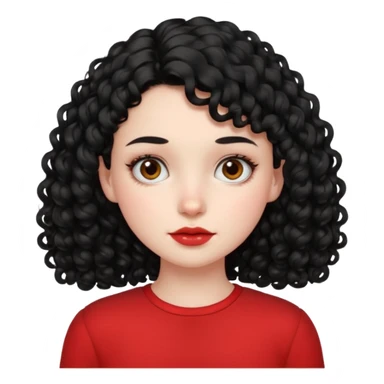 Side part black curly hair girl with mole above left side of lip pale skin red top sticker