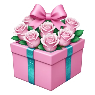 White roses in a pink box with a pink bow and glitter sticker
