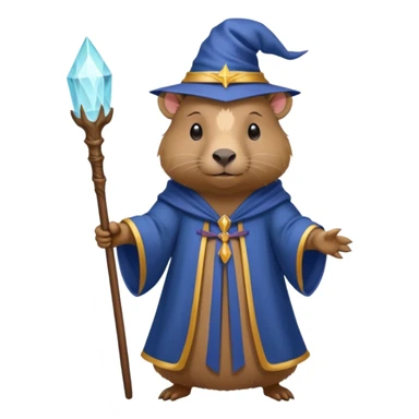 A mystical queen Capybara wearing a wizard robe and a wand sticker