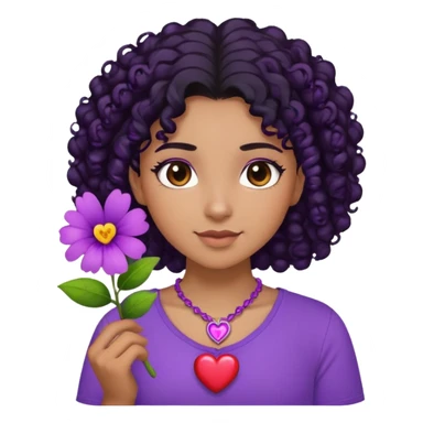 IíUma menina cabelo crespo morena uma blusa roxa com um colar de coração e uma flor roxa do lado direito do cabelo sticker