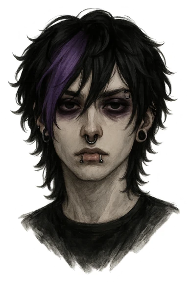 emo face, androgynous, purple hair streak, piercings, moody eyes sticker
