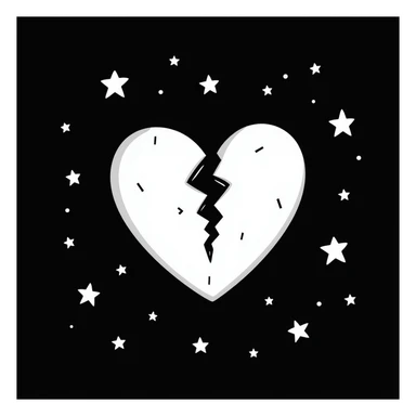 A broken heart surrounded by small, shining stars, with a dark background and a dreamy atmosphere sticker