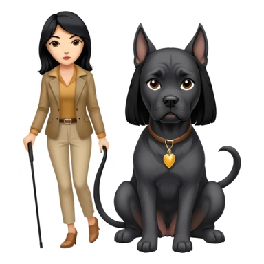 Stylish woman with long black hair and a black Cane Corso dog with cropped ears sticker