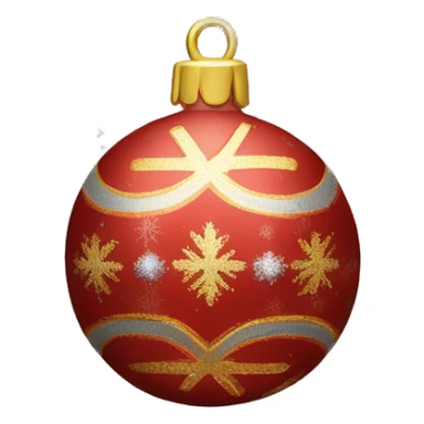 Create a smiley face of a Christmas tree toy in the form of a ball with patterns of snowflakes or stripes. The color of the ball is gold, red or silver to match the Christmas theme sticker