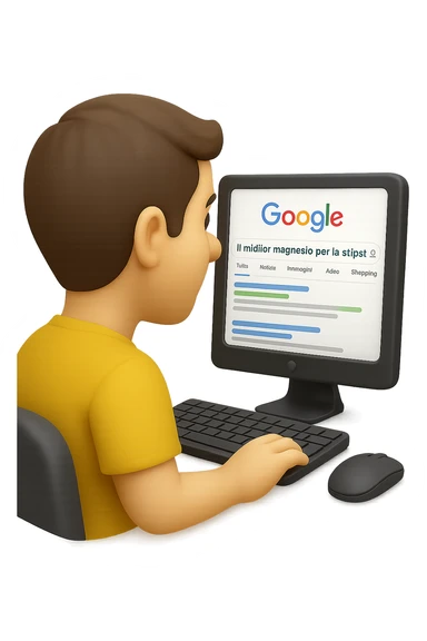 emoji stile iphone di un uomo davanti al pc che cerca di google: "Il miglior magnesio per la stipsi", iperrealistico 4k sticker