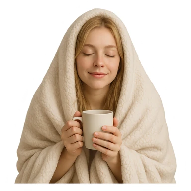 blonde girl inside a fluffy blanket, holding a coffee mug, eyes gently closed, relaxed expression sticker