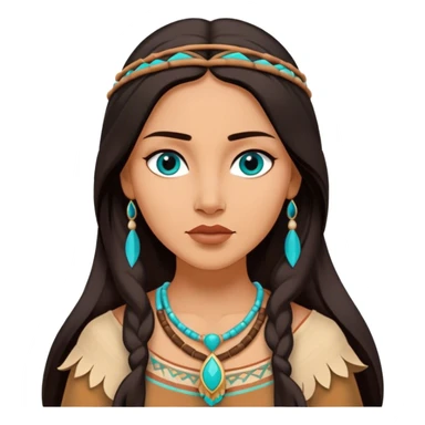 Cinematic Elegant Pocahontas Portrait Emoji, rendered in a realistic, vector-style with minimal shading and bold, simplified shapes. Depict Pocahontas (chest and above) with warm, sun-kissed skin, long, flowing dark hair, and gentle, wise eyes, wearing traditional attire in earthy tones with hints of turquoise. The image glows with a soft, natural radiance and high shine, embodying timeless indigenous beauty. sticker