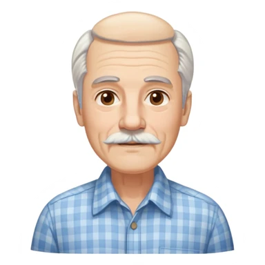 Man in his 70s with fair skin and gentle wrinkles. Long face with warm smile. Soft light brown eyes. Thin gray eyebrows. White goatee beard connected to mustache. Straight white hair combed back, longer on sides. Wearing a light blue and beige checkered button-up shirt. sticker