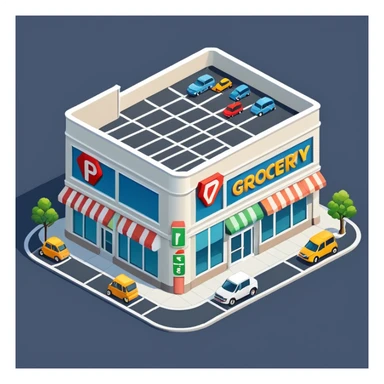 Isometric grocery store building with large windows, parking area, and store signage sticker