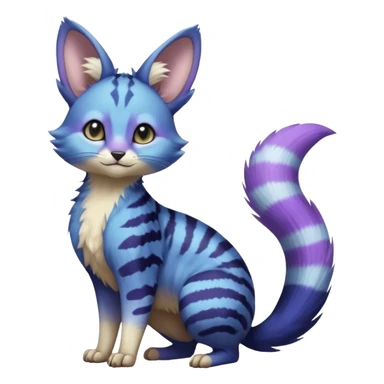 Blue-indigo-purple-violet-gradients divine beautiful elegant pretty precious cute young youthful  Fakémon-Pokémon-alien-opossum-feline-serval-caracal-chinchilla-Minccino-hybrid-creature with a big fluffy bushy striped tail (full body) sticker