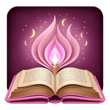 An open pink book with glowing light emerging from its pages, magical atmosphere, sticker