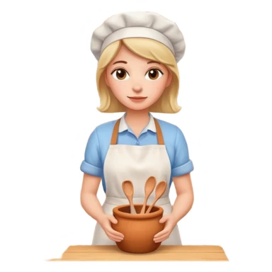 cartoon Apple iOS emoji style woman, pastel colors, Chilean wooden kitchen background, clay pots, warm light, detailed and clean vector art sticker
