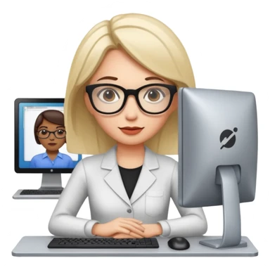 a woman developer in a meeting with others developers, in the background a mainframe computer sticker