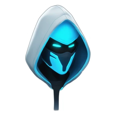developer behind his laptop with this style : Riot Games Valorant neon blue eyes glowing bright blue character blue black hooded assassin themed character sticker
