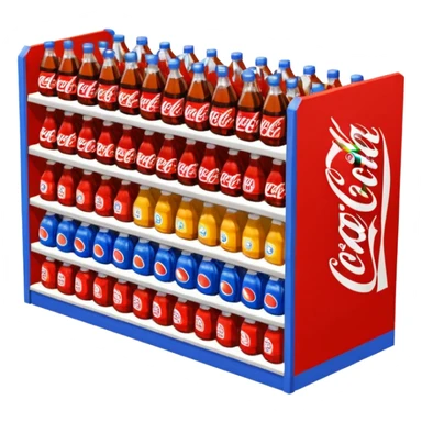 3D warehouse shelf with Coca-Cola, Pepsi, Fanta bottles and products, 
organized retail shelves, colorful product packages, store inventory, 
transparent background, emoji style, realistic, isometric view sticker