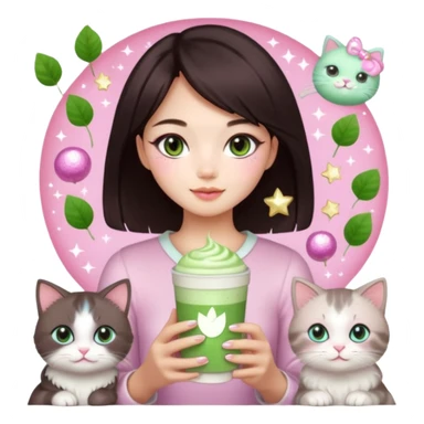 asian girl with shoart dark brown hair with a soft girl pink glowup aesthetic. matcha latte sparkles girly things, 2 ragdoll cats, skincare, makeup, money, luxury sticker