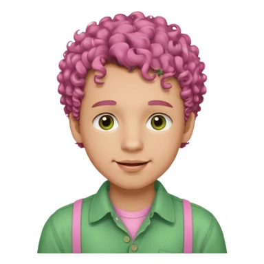 emoji of a young man with light skin, big brown eyes, soft smile with braces, full pink lips, curly hair, warm gaze, wearing a green buttoned-up shirt sticker