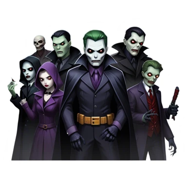 Icon for Thriller Movies: A large, dramatic collage featuring sinister villains and zombies in dark clothing. The background shows the gloomy cityscape of Gotham with dim lighting and eerie shadows. The atmosphere should be tense, mysterious, and suspenseful. Transparent background. sticker