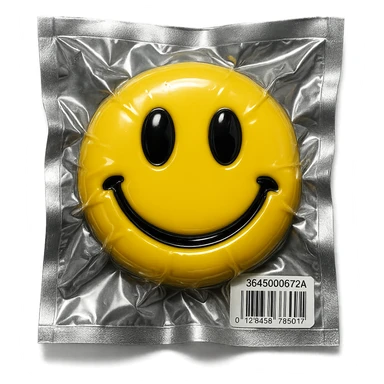smiley face with shiny and squished look, vacuum-sealed style sticker