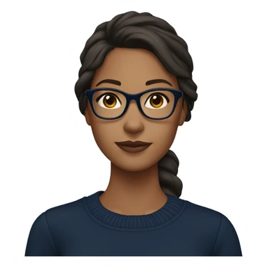 Tan girl in a navy blue sweater with medium length dark brown hair and clear glasses sticker