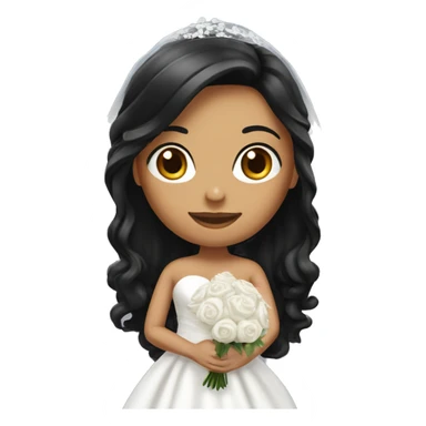 Bride with black long hair and black long Dress. And white long veil. And white bouquet in hand sticker