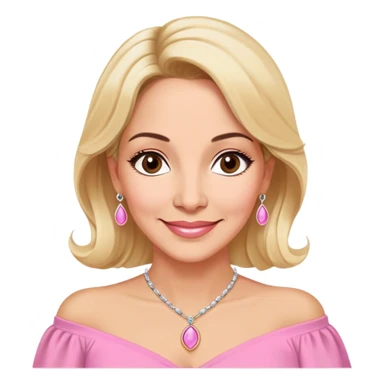 Warm-hearted Linette Torres, Puerto Rican actress in her 50s with light skin, loving expression, gentle eyes, sweet smile, elegant blonde hair, wearing a pink off-shoulder blouse and a pendant necklace sticker