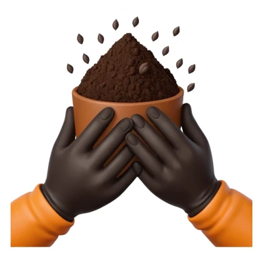 A 3D cartoon pair of gloved hands holding rich dark soil, small bits falling between fingers, bright garden background, soft light, Memoji-style realism. sticker