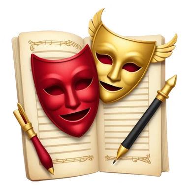 Create a bold and dramatic emoji representing the art of playwriting. The design should feature an open script or a theater playbook, with stylized text lines or dramatic dialogue inside. Include elements like a theatrical comedy and tragedy masks, a stage spotlight, or a writting quill to symbolize creativity and performance. Use deep, contrasting colors like red, black, and gold to evoke the intensity and passion of drama. The overall design should feel dramatic, inspiring, and artistic. Make the background transparent. sticker