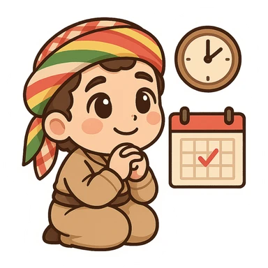 Kurdish sticker, cartoon style, Kurdish man or woman in jamadani, waiting with a hopeful face, maybe looking at a clock or calendar, no text sticker