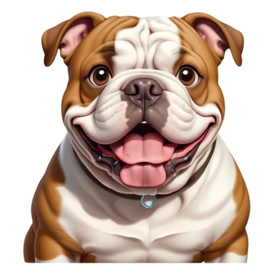 Cinematic Comical Brown and White English Bulldog Portrait Emoji, Head tilted dramatically with an exaggeratedly amused expression, featuring a striking brown and white coat with a bold pattern, wide, expressive brown eyes filled with playful disbelief, Simplified yet hilariously expressive features, highly detailed, glowing with a slightly sassy glow, high shine, dramatic yet playful, stylized with an air of cheeky defiance, bright and endearing, soft glowing outline, capturing the essence of a spirited and over-the-top guardian, so meme-worthy it feels like it could side-eye its way into internet fame instantly! sticker