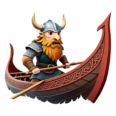 clash-of-clans-aesthetic_-cinematic-viking-longboat, rendered in a flat, bold vector style with minimal shading, featuring a striking dragon-headed prow slicing through icy, churning waters. shields on the side and vikings rowing The longboat’s intricately detailed shields and carved motifs evoke a sense of epic adventure and Nordic might, with billowing sails catching a dramatic, stormy sky backdrop. sticker