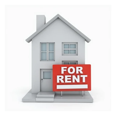 realistic apartment rent icon, photorealistic, shows an apartment building with a 'For Rent' sign sticker