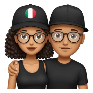 A picture of an embracing tanned couple. the man is a Mexican man with tanned skin, with a bald hair cut wearing a SnapBack hat and a black shirt. the woman wearing black glasses, with long curly dark brown hair and with big boobs.  sticker