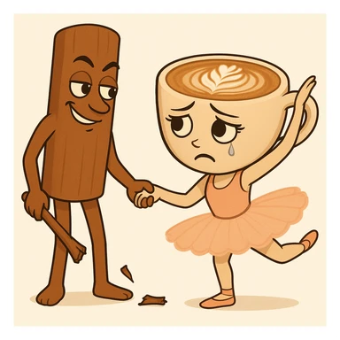 Keep the same quality and style as the reference image. Edit the coffee cup character to have a sad expression and the cinnamon stick character to have a mischievous expression. sticker