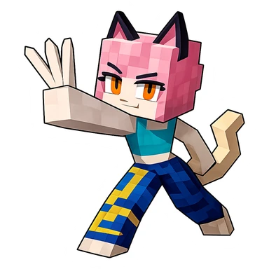 Extract the character with pink cat ears, yellow eyes, and blue and yellow outfit as a fully visible, separate image with a transparent background, preserving the original Minecraft cartoon style and appearance. sticker