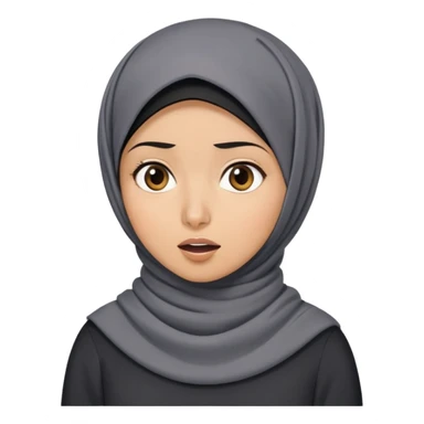 người phụ nữ 30 tuổi, da vàng, đội khăn hijab, tóc ngắn màu đen, mặt biểu cảm ngạc nhiên, áo màu xám đậm sticker