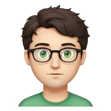 Young man with slightly curled dark brown poofy hair, green eyes wearing glasses, wide face with eyes set apart, bigger ears, pale skin, slightly bigger nose, and very light stubble sticker