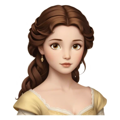Cinematic Realistic Belle Portrait, depicted with lifelike skin texture, soft natural lighting, and intricately detailed brown hair styled elegantly. Her deep, expressive eyes exude warmth and intelligence, complemented by a serene and graceful expression. She is dressed in her classic attire, with rich fabric textures and delicate folds that catch the light beautifully. The portrait features a soft, enchanting glow with a natural, radiant finish, capturing the essence of timeless beauty in a realistic and painterly style, evoking a sense of depth and authenticity. sticker