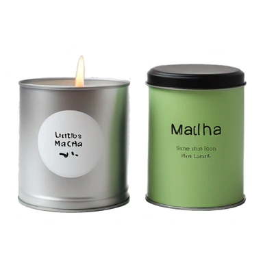 realistic short lit matcha candle, silver tin, small plain white label with black text sticker