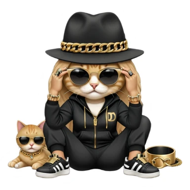 female cat dressed like Run DMC with tracksuit, fedora, Adidas shoes, dark sunglasses, lots of gold chains, rings, bracelets, earrings, lying on the ground, distressed and crying sticker