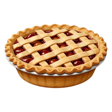 A highly detailed, photorealistic 3D render of a small, individual apple pie, with a golden-brown lattice crust. The filling is a rich, glistening red-amber, bubbling slightly.  sticker