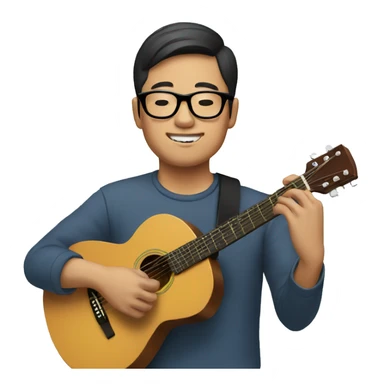 Asian man with round glasses playing a guitar.  sticker