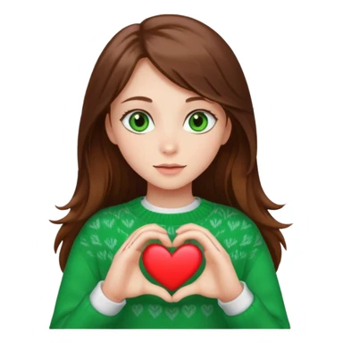 Girl green eyes brown long hair white warm sweater showing heart with her hands sticker