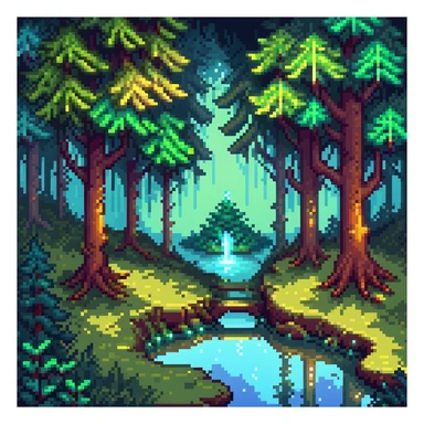 Magical forest with glowing trees and a hidden lake sticker