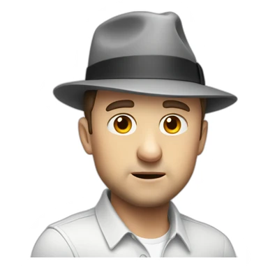 tim robinson wearing a grey fedora white shirt only looking scared and sad side view sticker