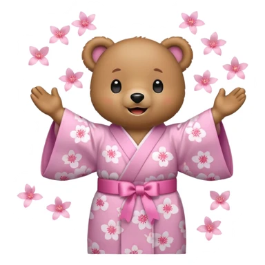 A cute light-brown bear wearing a pastel pink sakura-patterned kimono with a small ribbon on the back, normal balanced head and body ratio, joyful excited expression with sparkling round eyes and a wide happy smile, arms raised in excitement, a few pink sakura petals floating around sticker