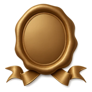 Add a decorative ribbon with a metallic sheen underneath the gold wax seal. Keep the background transparent. Maintain the style and look of the original image. sticker