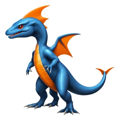 Shiny Black Koraidon-Latios-Salandit-Fakémon-hybrid-creature (full body) with orange belly sticker